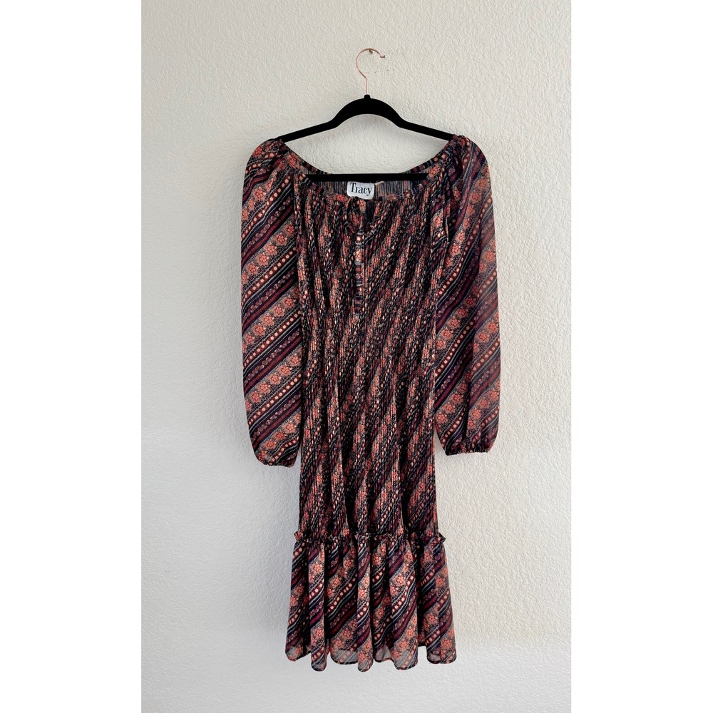 Tracy Vintage Pleated Midi Dress Womens M Brown Sheer Smocked Boho Floral